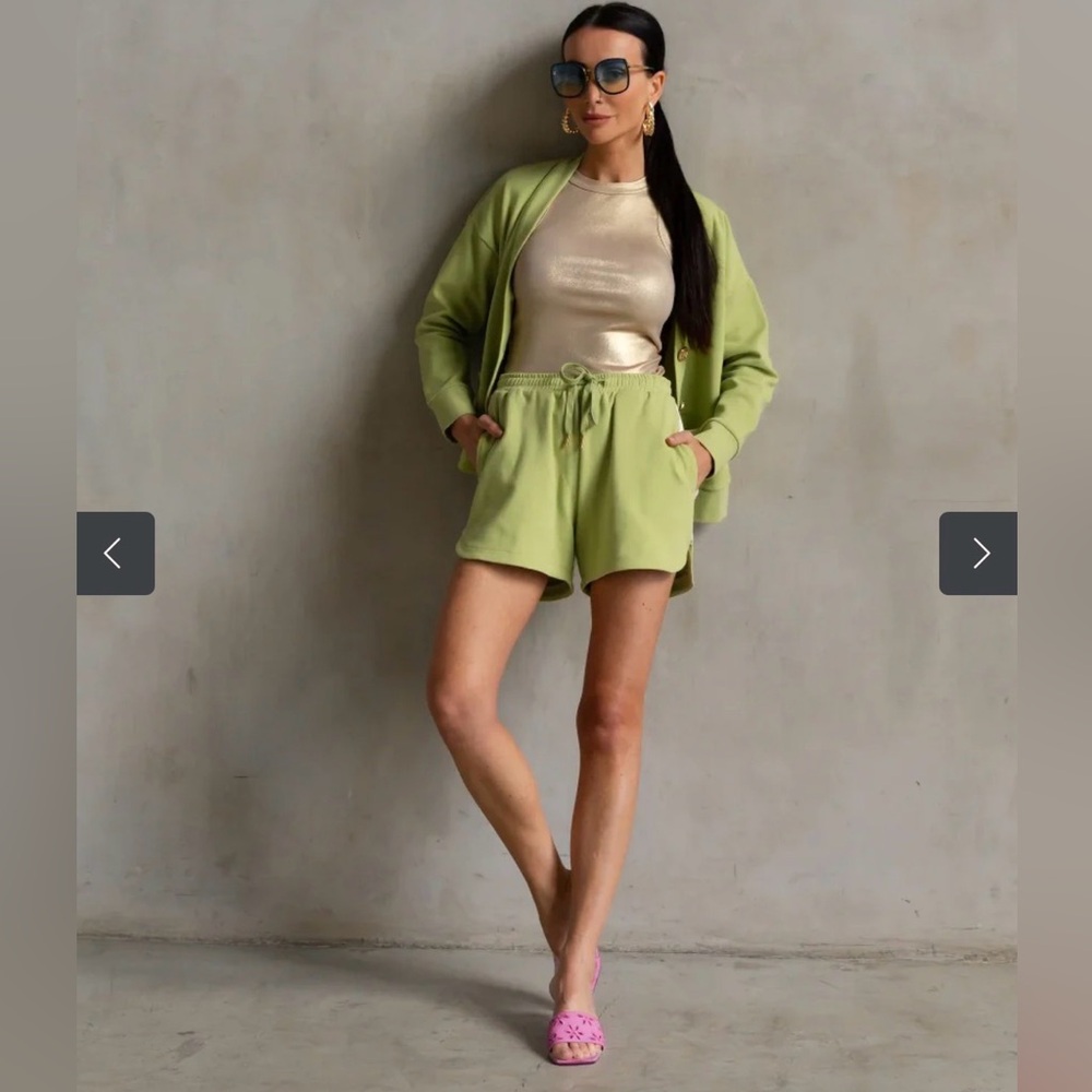 NWT CARE TUCKER Palm Green interlock Cardigan & Track Short Set S